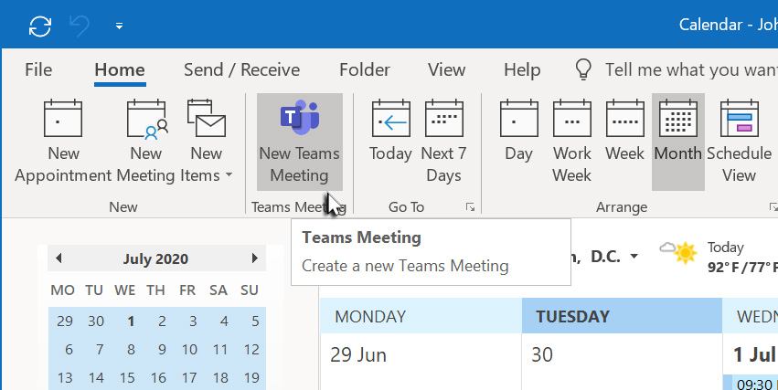 Click New Teams Meeting in Outlook Calendar